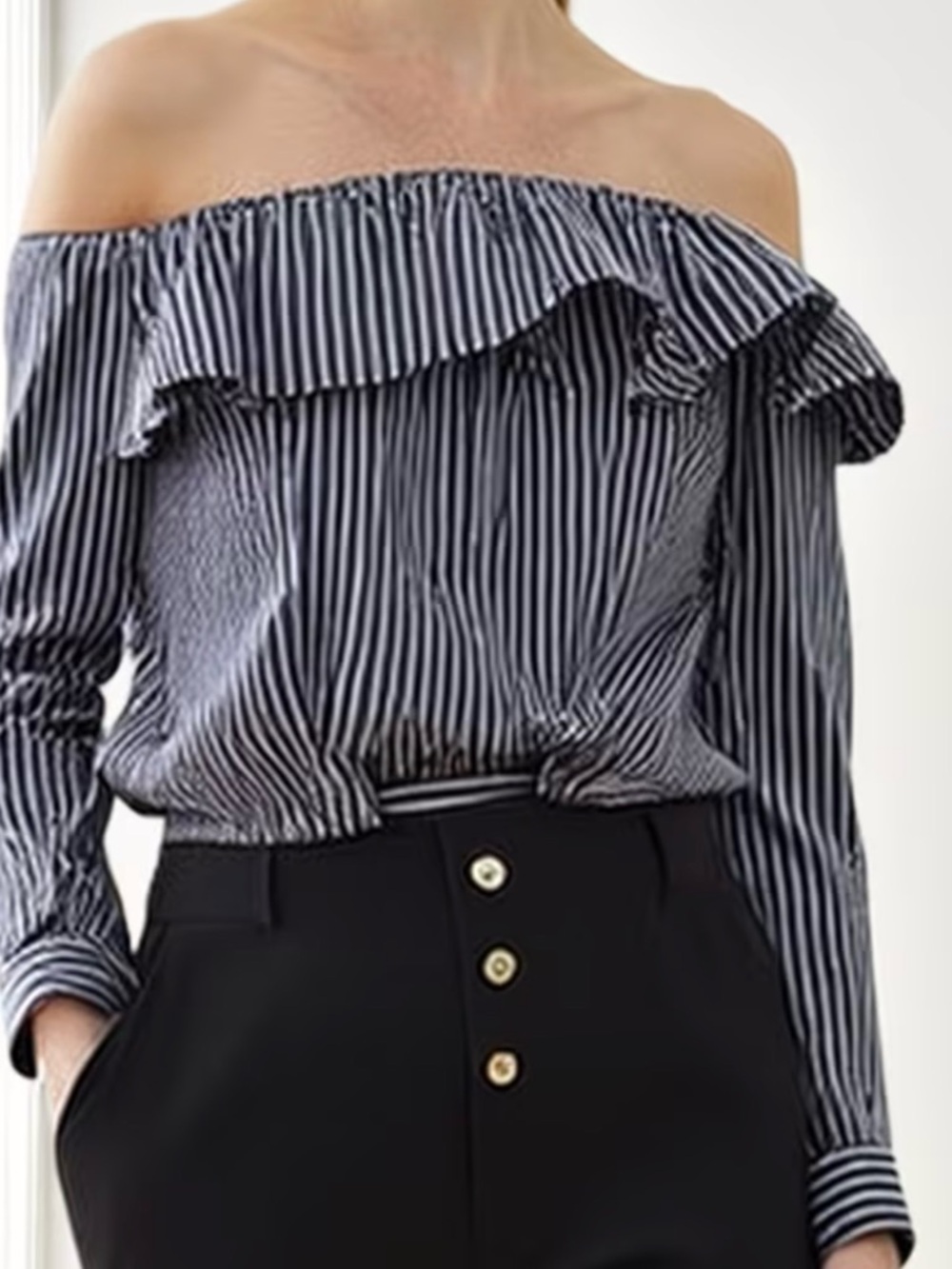 🎉HOST PICK POSH Party🎉 Off-Shoulder Navy & White Striped Ruffle Top - Picture 4 of 4